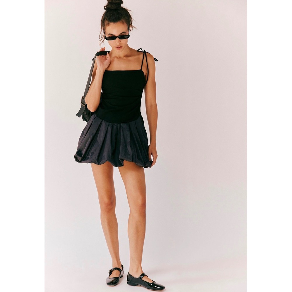Free People Genevieve Mini Dress Tie Strap Bubble Hem Black Sz L Boho Glam Girly